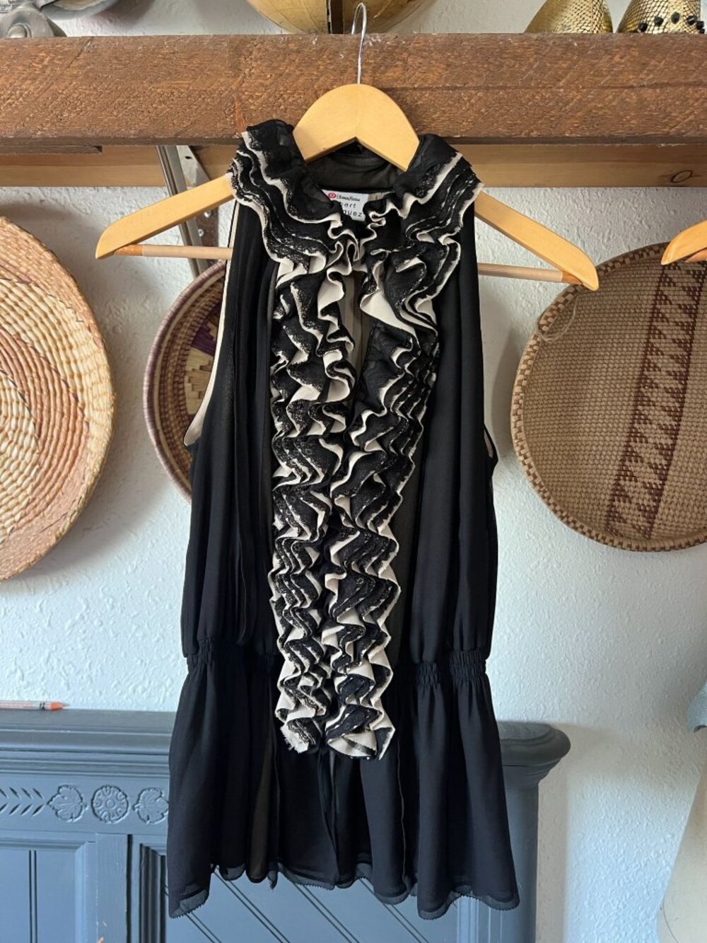 Neiman Marcus Black Chiffon Ruffle Blouse Small Whimsigoth, coquette, fairycore